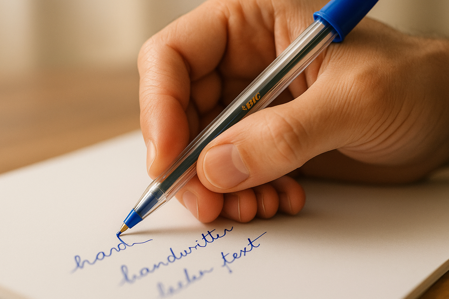 Gere uma imagem ambientada na mão de alguém escrevendo, para o produto "Caneta Bic Cristal"